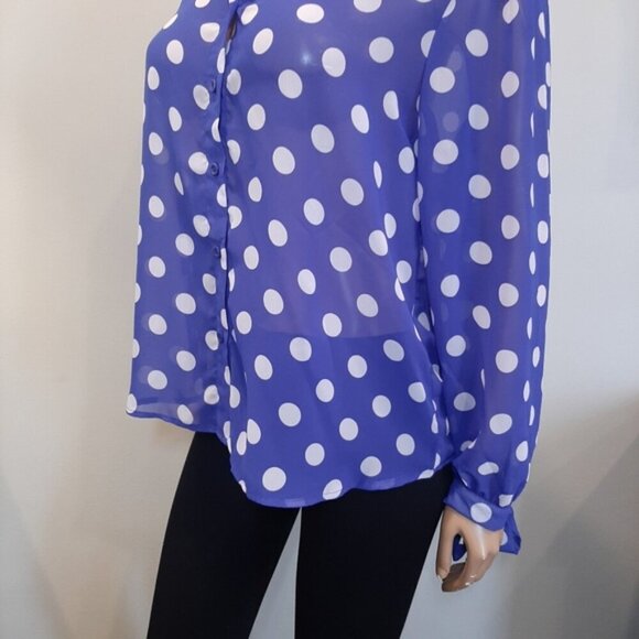 George Polka Dot Blouse Sheer Buttoned Long Sleeve Tie Cuff Flowy Top - Picture 5 of 15